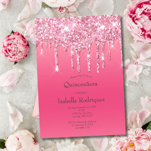 Pink Dripping Glitter Quinceañera 15th Birthday Invitation