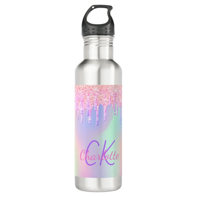 Pink drips holographic monogram name girl 710 ml water bottle (Front)