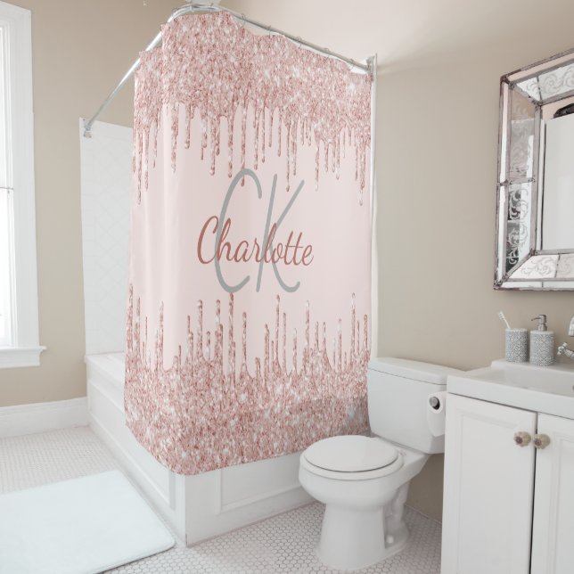 Pink drips monogram name   shower curtain (In Situ)