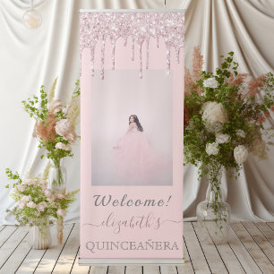 Pink drips photo Quinceanera party welcome Retractable Banner