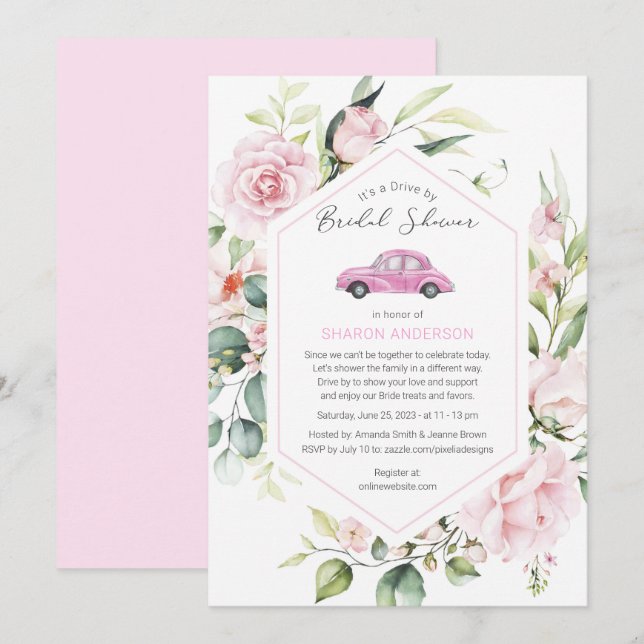 Pink Drive By Baby Shower Floral Drive Through Inv Invitation (Front/Back)