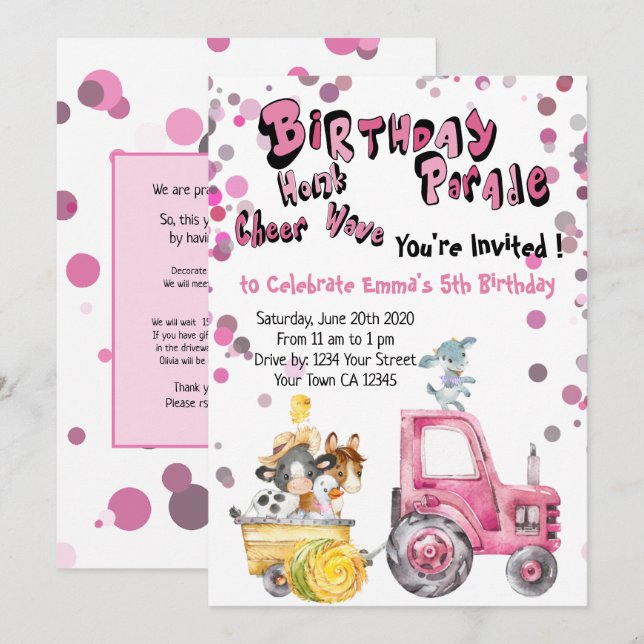 Pink Drive By Birthday Farm Animals Invitation (Front/Back)