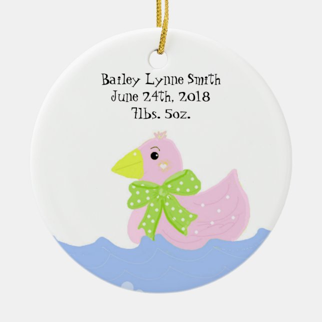 Pink Duck Birth Announcement Ceramic Tree Decoration (Front)