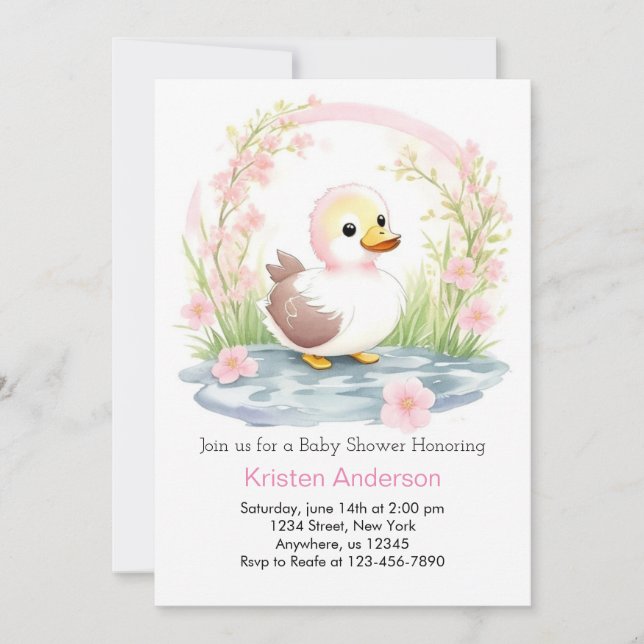 Pink Duck Watercolor Girl Baby Shower Invitation (Front)