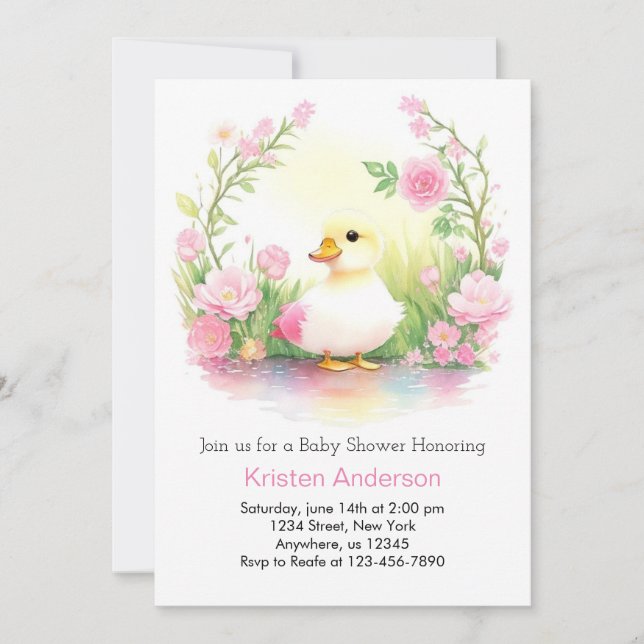 Pink Duckling Cute Watercolor Girl Baby Shower Invitation (Front)