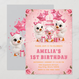 Pink Duckling First Birthday Invitation
