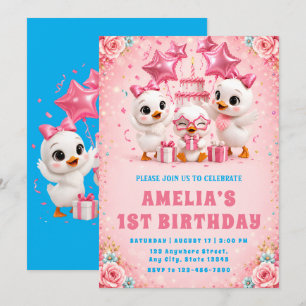 Pink Duckling First Birthday Invitation