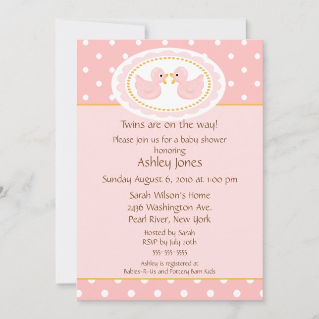 Pink Ducks Twins Baby Shower Invitation (Front)