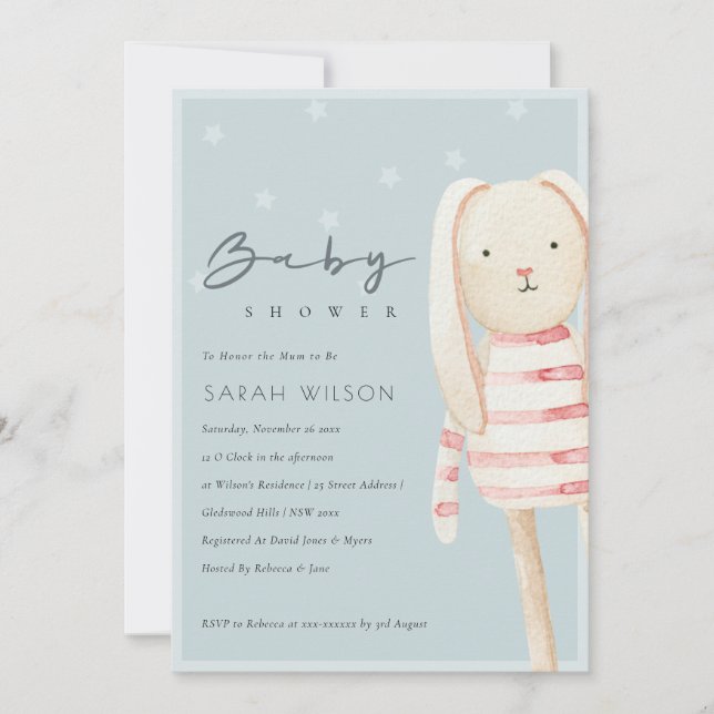 Pink Dusky Blue Grey Bunny Baby Shower Invite (Front)