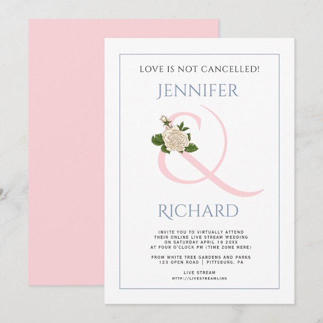 Pink dusty blue ampersand and rose virtual wedding invitation (Front/Back)