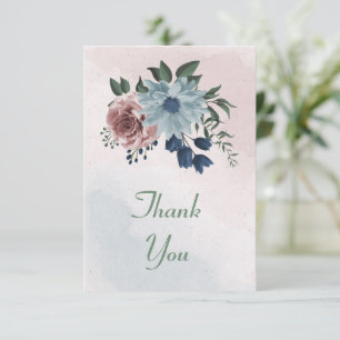  pink, dusty blue and navy blue flowers greenery thank you card