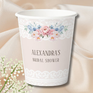 Pink Dusty Blue Floral Vintage Lace Bridal Shower Paper Cups