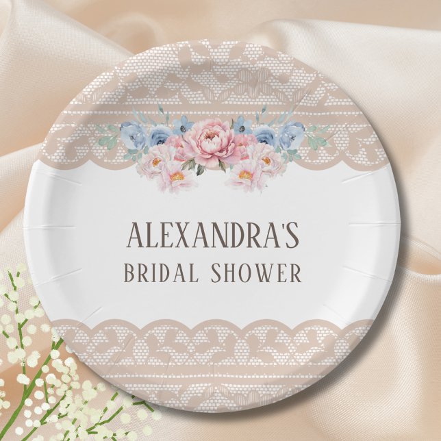 Pink Dusty Blue Floral Vintage Lace Bridal Shower Paper Plate (Creator Uploaded)
