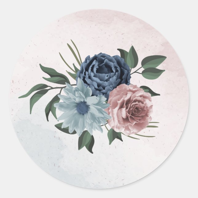 pink dusty blue navy blue floral greenery wedding  classic round sticker (Front)