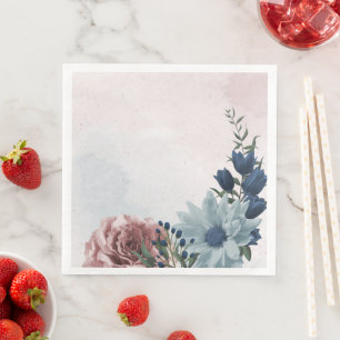 pink dusty blue navy blue floral greenery wedding napkin