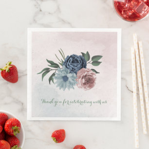 pink dusty blue navy blue floral greenery wedding napkin