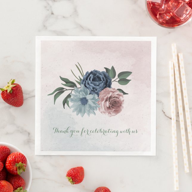 pink dusty blue navy blue floral greenery wedding napkin (Insitu)