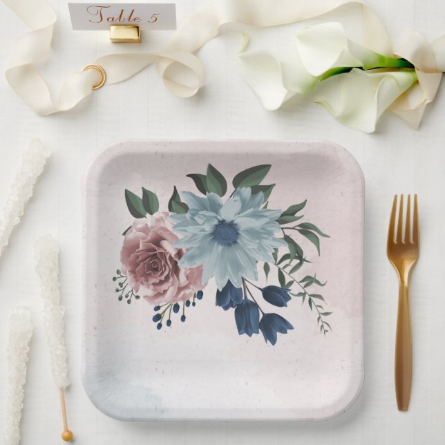 pink dusty blue navy blue floral greenery wedding paper plate (Wedding)