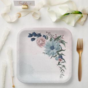 pink dusty blue navy blue floral greenery wedding paper plate