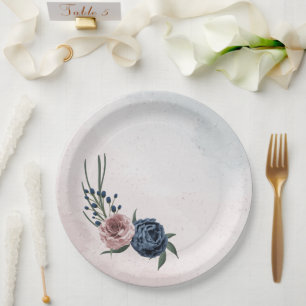 pink dusty blue navy blue floral greenery wedding paper plate