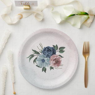 pink dusty blue navy blue floral greenery wedding paper plate