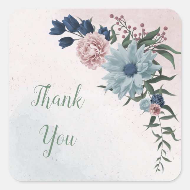 pink dusty blue navy blue floral greenery wedding square sticker (Front)