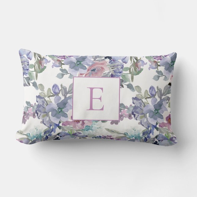 Pink Dusty Blue Purple Flowers White Monogram Lumbar Cushion (Front)
