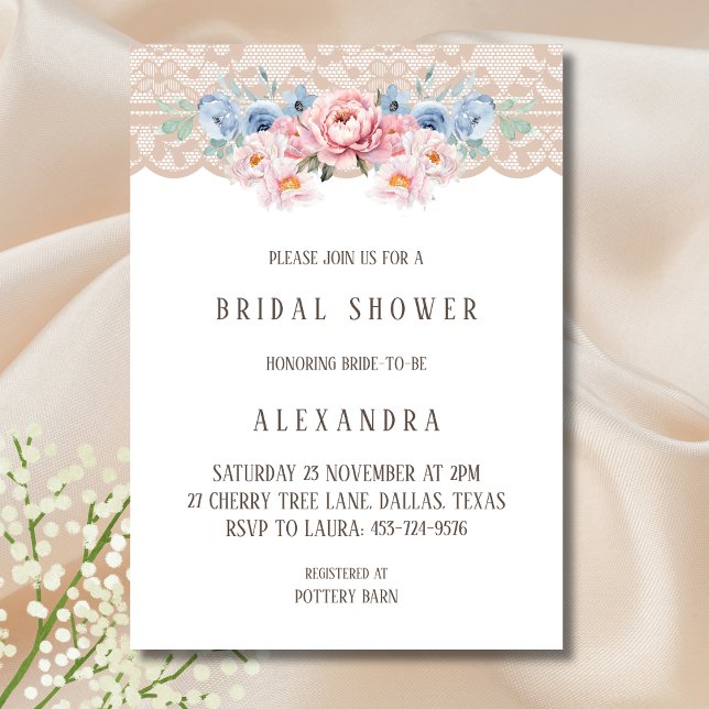 Pink Dusty Blue Romantic Floral Lace Bridal Shower Invitation (Creator Uploaded)