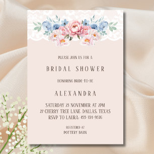 Pink Dusty Blue Romantic Floral Lace Bridal Shower Invitation