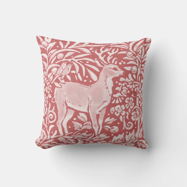 Pink Dusty Rose Deer Woodland Animal Bird Nature Cushion (Front)