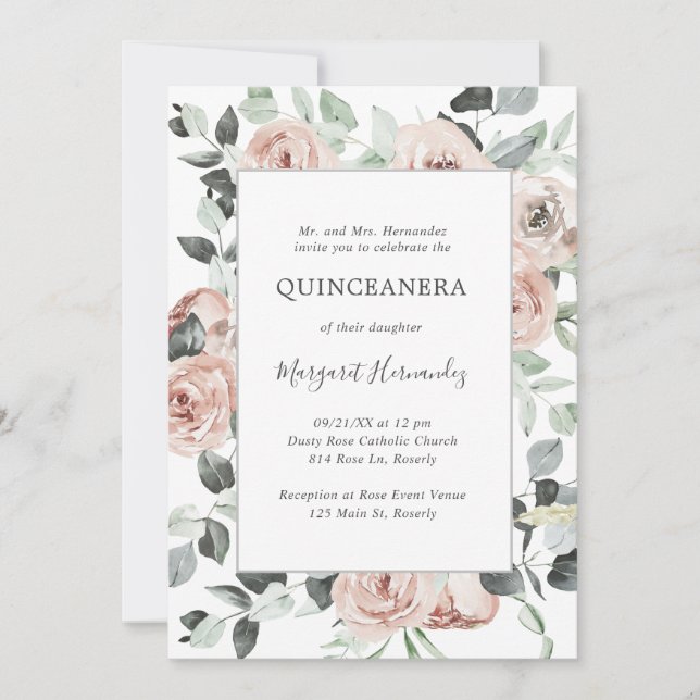 Pink Dusty Rose Floral Quinceanera Invitation (Front)