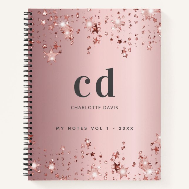 Pink dusty rose monogram initials sparkle stars notebook (Front)
