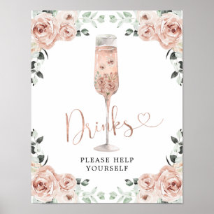 Pink Dusty Rose Petals and Prosecco Drinks Sign