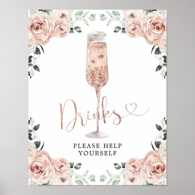 Pink Dusty Rose Petals and Prosecco Drinks Sign (Front)