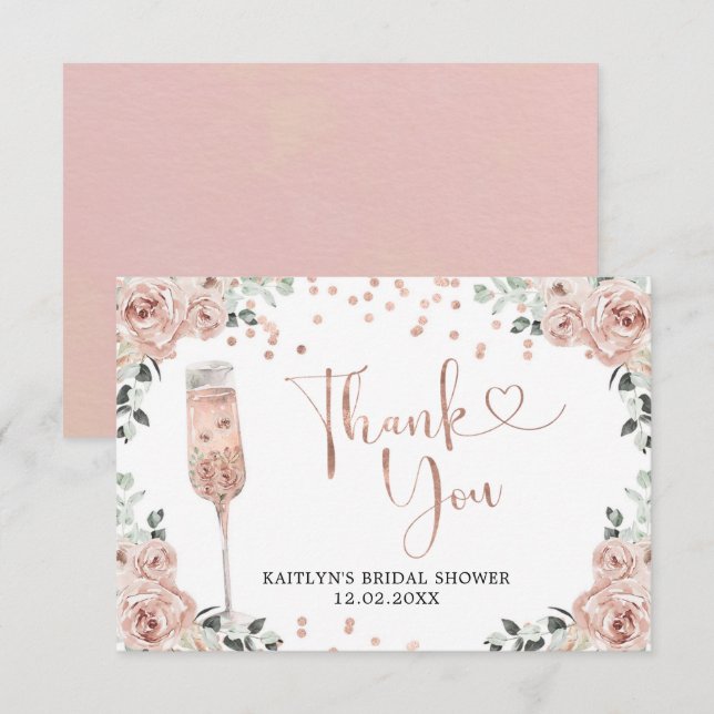 Pink Dusty Rose Petals and Prosecco Thank You Card (Front/Back)