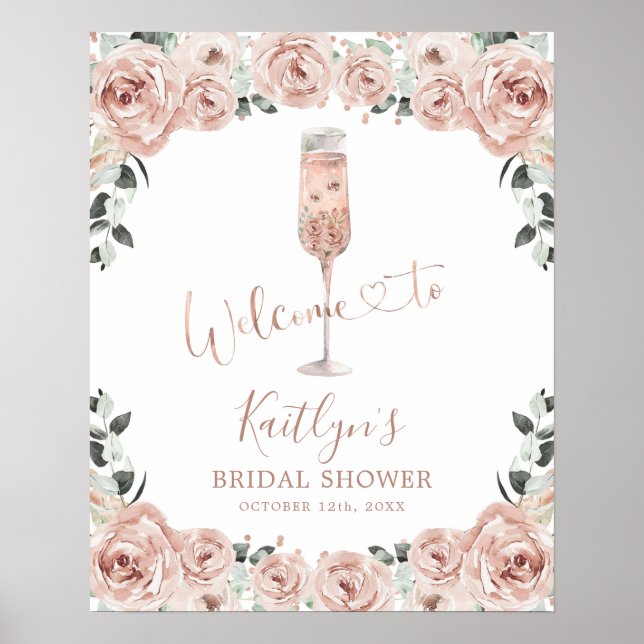 Pink Dusty Rose Petals and Prosecco Welcome Sign (Front)