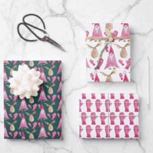 Pink Dwarfs And Reindeers Watercolor Pattern Wrapping Paper Sheet