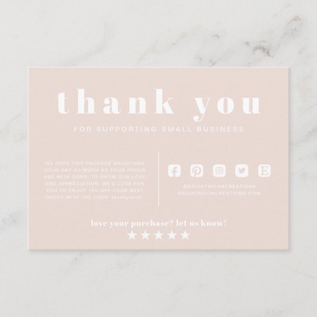 Pink Earth Tones Thank You Order Small Business Enclosure Card (Front)