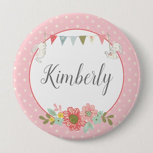 Pink Easter Basket Name 10 Cm Round Badge (Front)
