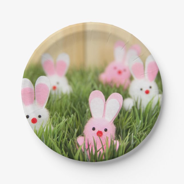 Pink Easter Bunnies in Grass Paper Plate (Front)