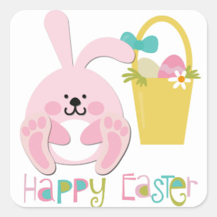 Pink Easter Bunny Basket Square Sticker