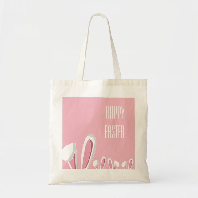 Pink Easter Bunny Ears, Happy Easter Tote Bag (Front)