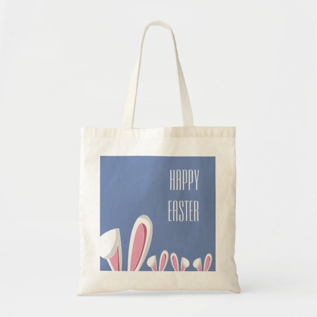 Pink Easter Bunny Ears on Blue , Happy Easter Tote (Front)
