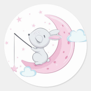 Pink Easter Bunny Over the Moon  Classic Round Sticker
