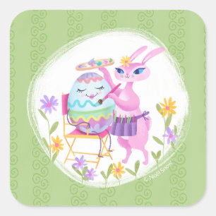 Pink Easter Bunny Rabbit and Egg Square Sticker