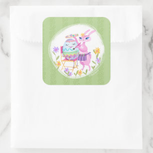 Pink Easter Bunny Rabbit and Egg   Square Sticker