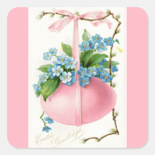 Pink Easter Egg and Flowers Square Sticker