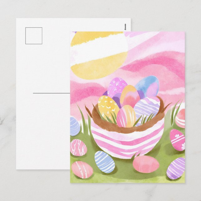 Pink Easter Egg Basket | Pastel Watercolor Holiday Postcard (Front/Back)