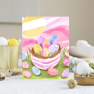 Pink Easter Egg Basket | Pastel Watercolor Holiday Postcard