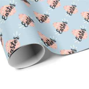 Pink Easter Egg Wrapping Paper on Light Blue